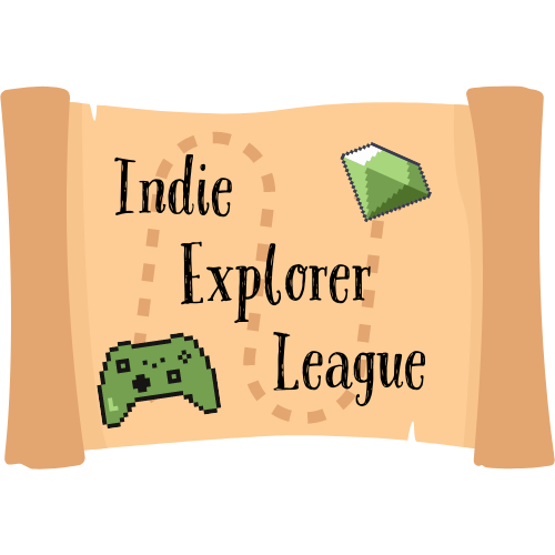 image of a cartoon tan paper map with a dotted line between a green game controller and green gem on opposite ends of the map with the words Indie Explorer League overtop